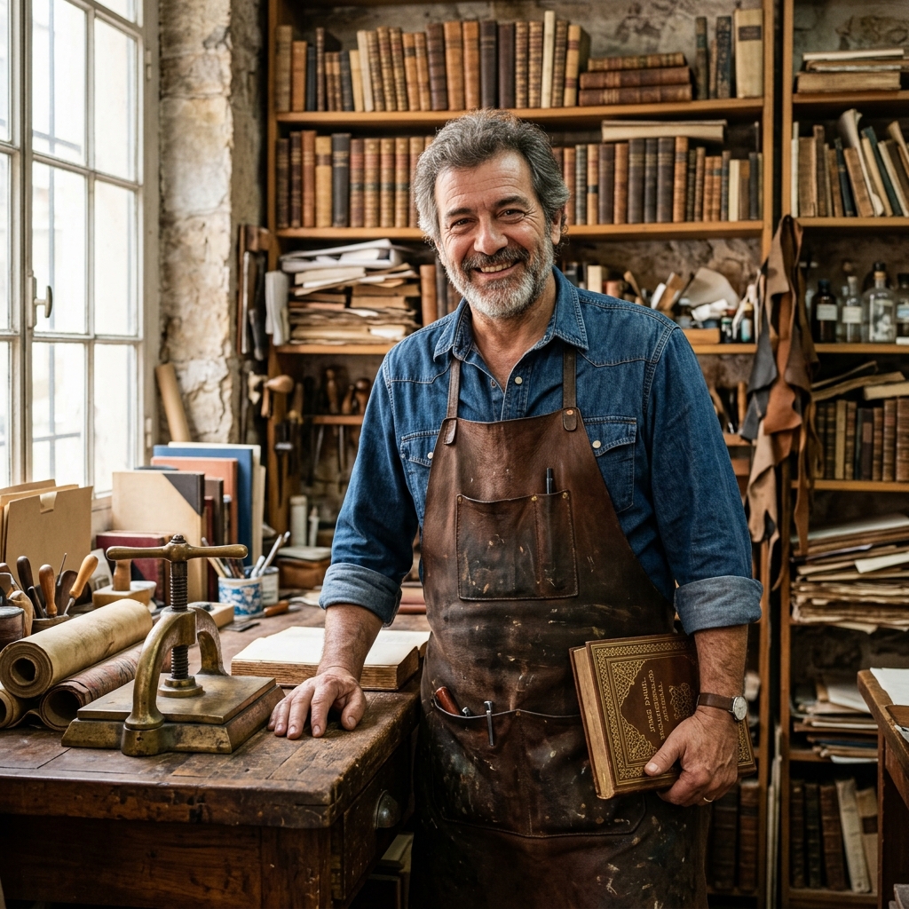 Maestro Encuadernador Horacio Buller en su taller de San Telmo