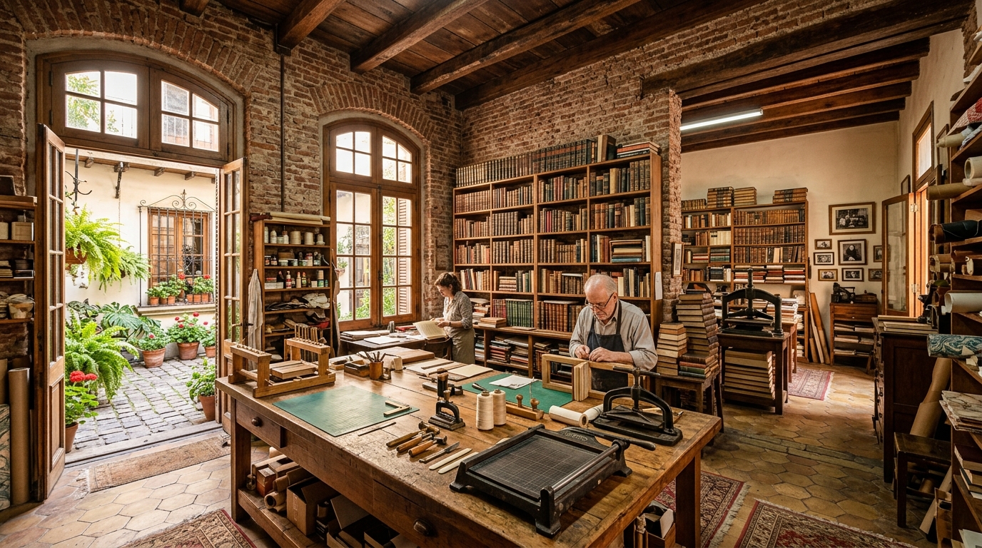 Interior del taller de encuadernación en San Telmo